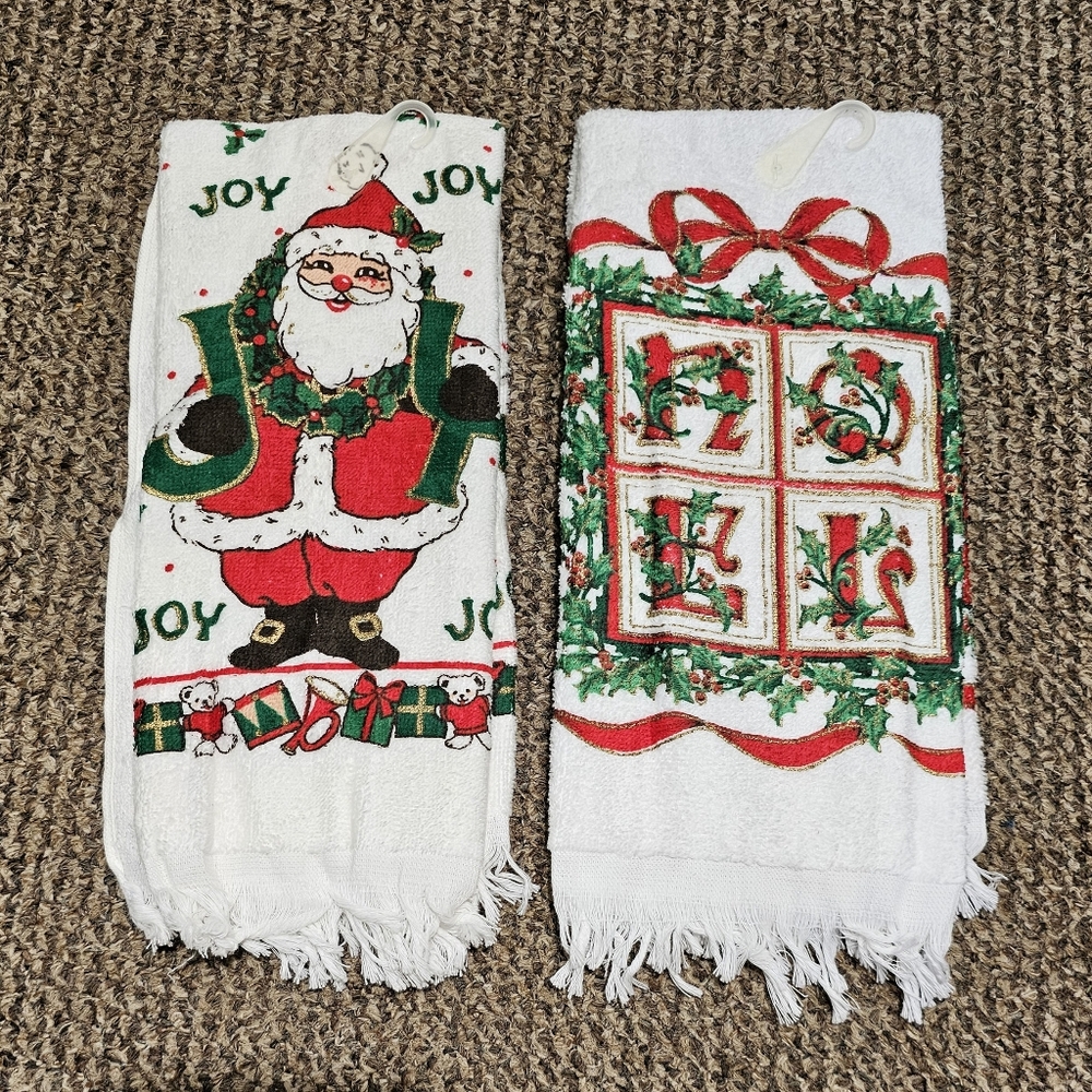 Vintage Christmas Holiday Kitchen Hand Towel Santa Claus Noel Design Lot Of 2!